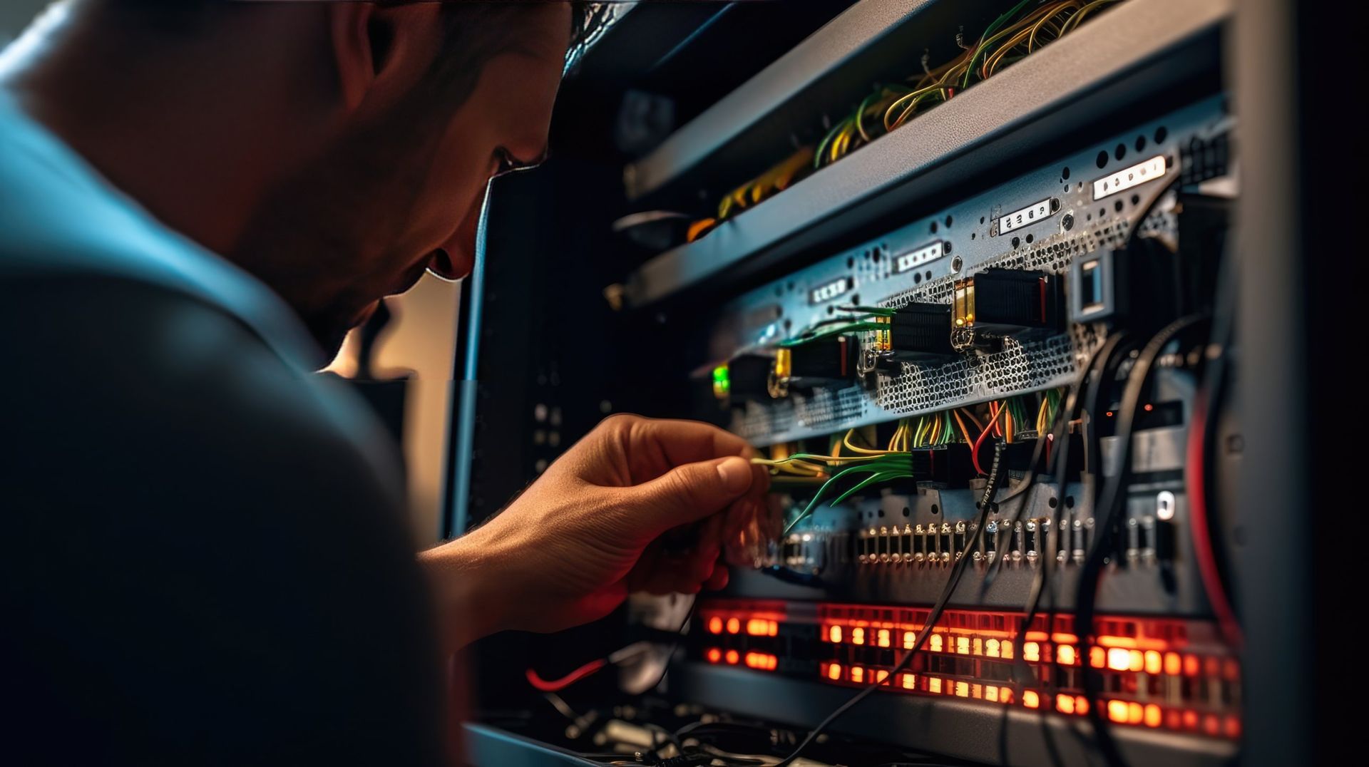 Techniker sichert Daten am Serverschrank