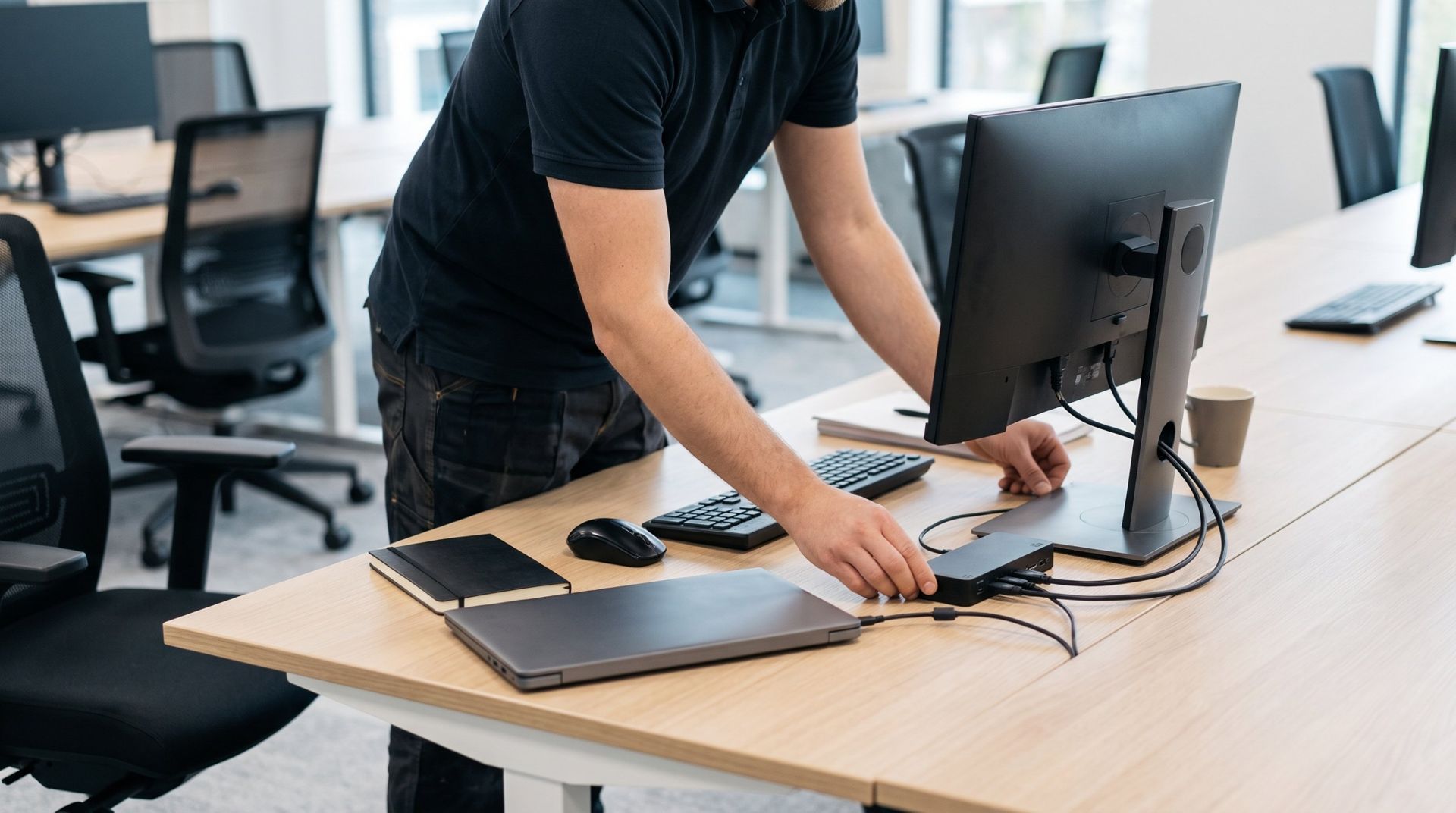 IT technician setting up a workstation